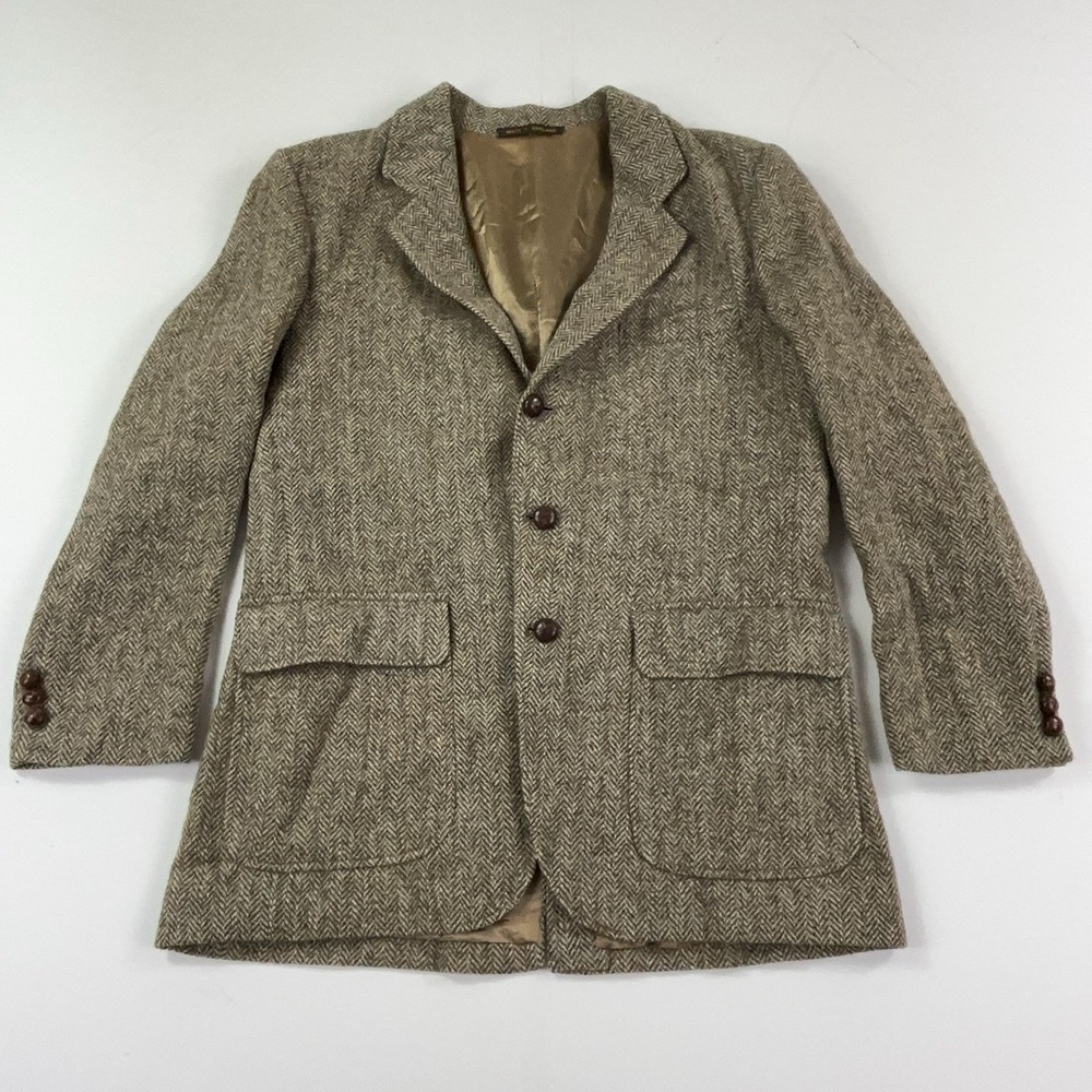 Vintage Orvis Blazer Mens Large Brown Harris Tweed Wool Herringbone England